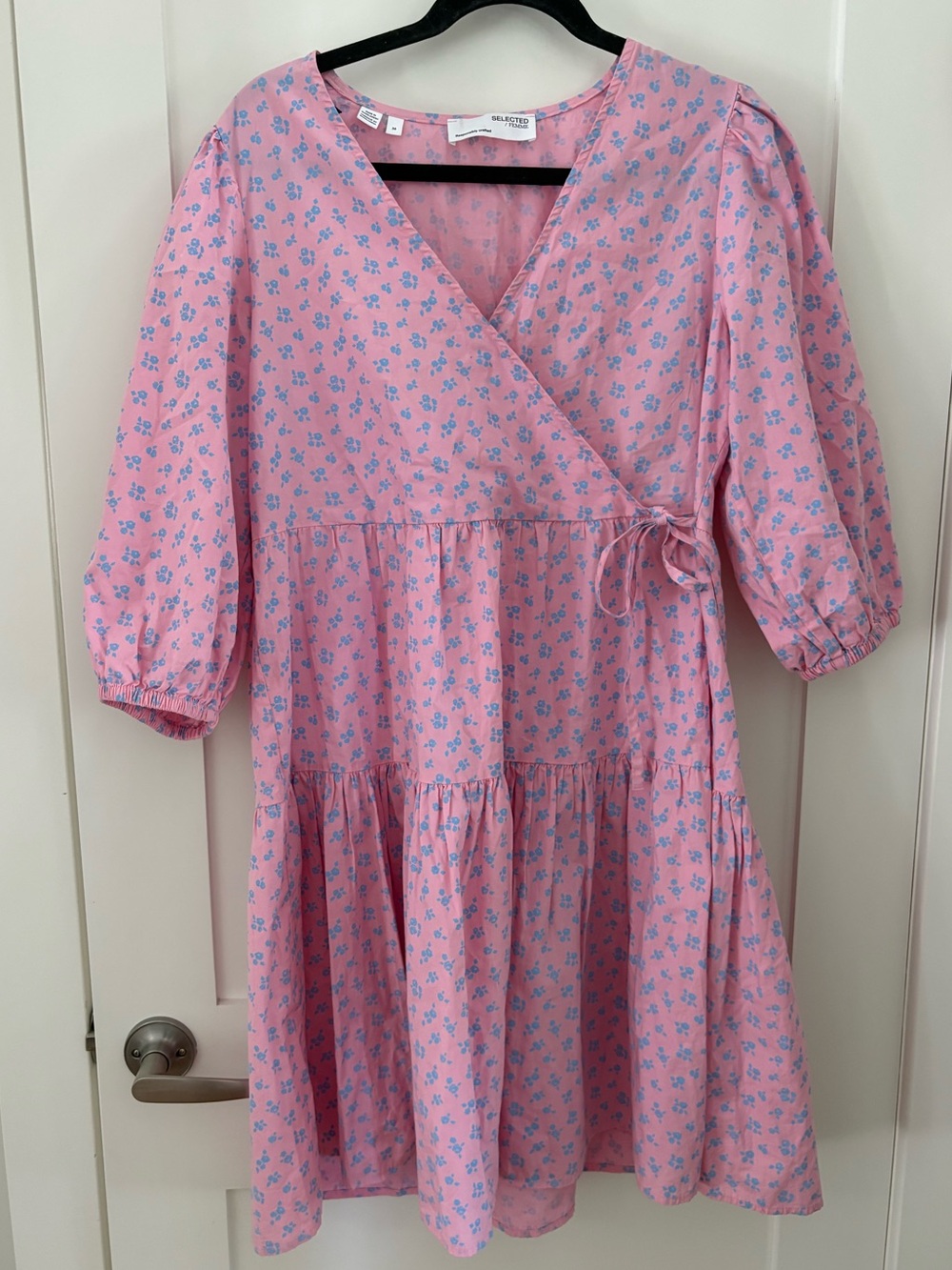 Selected Femme Organic Cotton Dress Pink Tiered Floral Babydoll Sz 36 / 4 / S